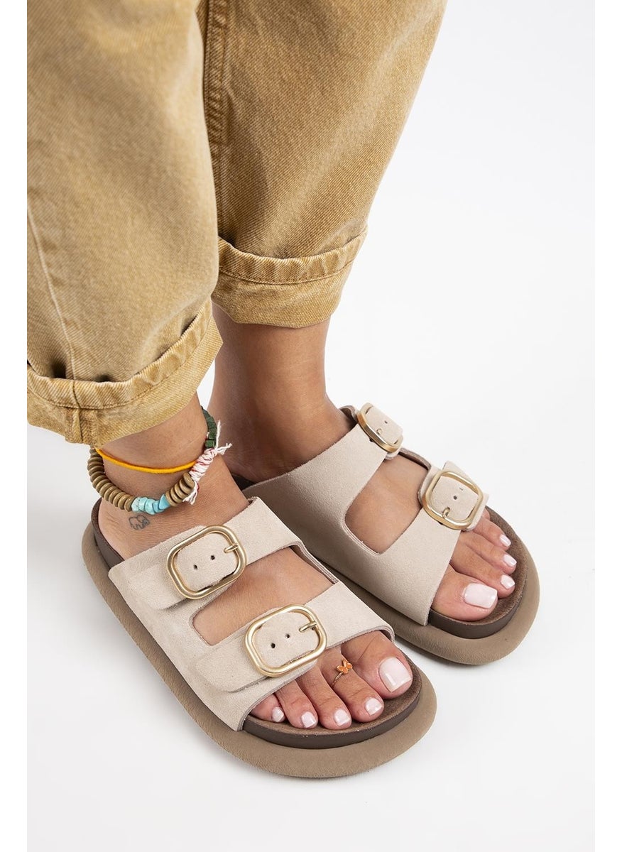 Manijero Lavanda Women's Leather Double Buckled Beige Slippers  - Image 3