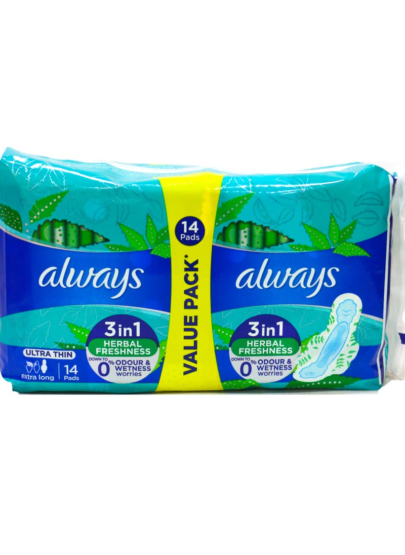 Always - Always Ultra Thin 3*1 Herbal Freshness Extra Long Sanitary Pads - 14 Pieces - Image 1