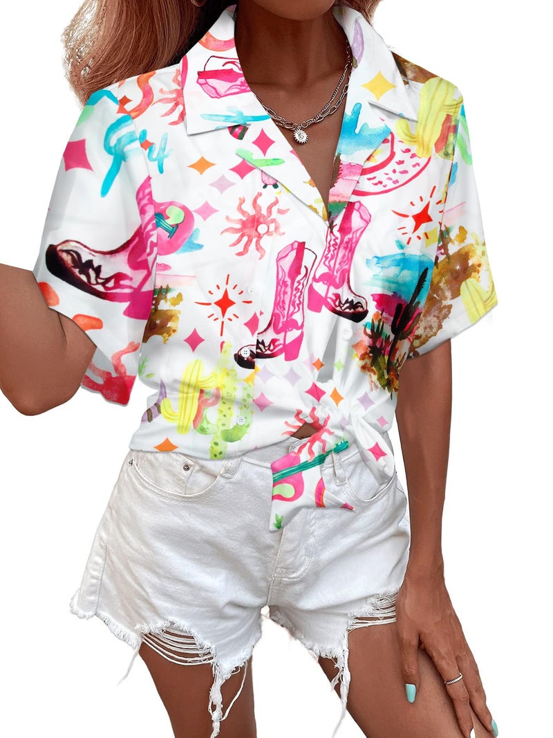 MYHALF Western Shirt for Women Cowgirl Shirts Boho Graphic Button Down Country Concert Outfits Retro Cowboy Clothes Tops White - Image 2