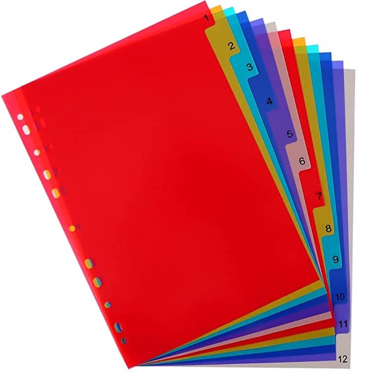 True-Ally A4 Plastic Separator,12-Tab Binder Dividers, Write & Erase Big Tab Dividers Ring Binders, Dividers for 2/3/4/11 Ring Binders, Insertable Multicolor Tabs (1 Set (Total 12 Sheets)) - Image 1