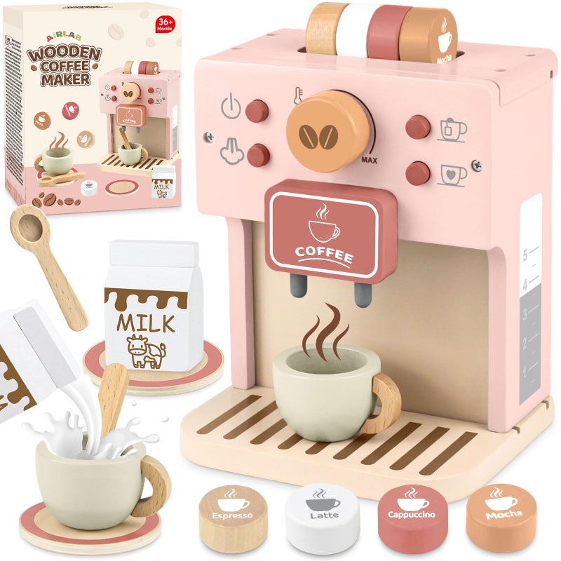 Airlab Kids Coffee Playset Toy Coffee Maker Set for Toddler Wooden Kitchen Accessories Pretend Play for Girls Boys Ages Birthday Gifts Pink - Image 1