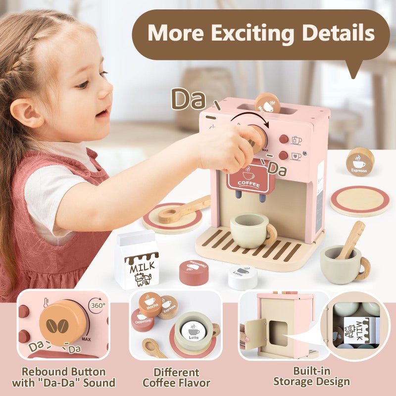 Airlab Kids Coffee Playset Toy Coffee Maker Set for Toddler Wooden Kitchen Accessories Pretend Play for Girls Boys Ages Birthday Gifts Pink - Image 4