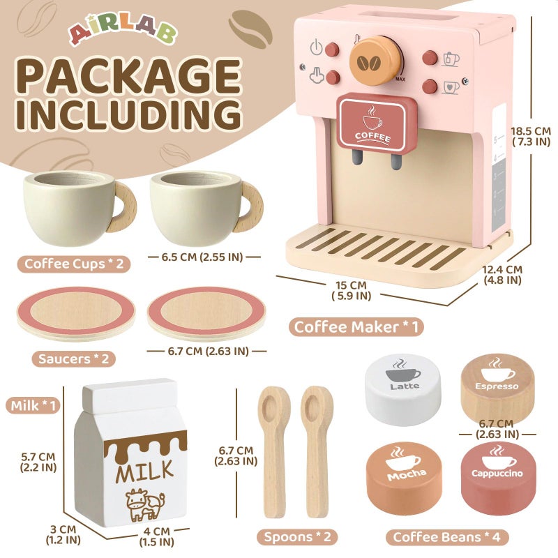 Airlab Kids Coffee Playset Toy Coffee Maker Set for Toddler Wooden Kitchen Accessories Pretend Play for Girls Boys Ages Birthday Gifts Pink - Image 2