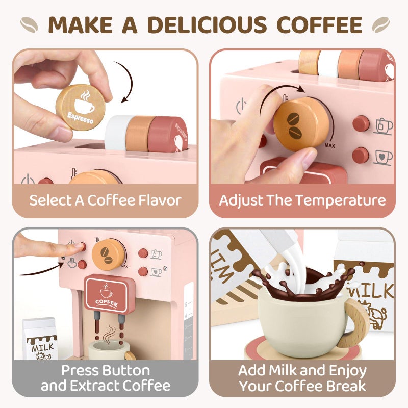 Airlab Kids Coffee Playset Toy Coffee Maker Set for Toddler Wooden Kitchen Accessories Pretend Play for Girls Boys Ages Birthday Gifts Pink - Image 5