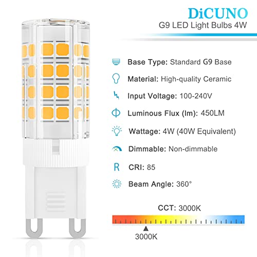 DiCUNO G9 LED Light Bulb 4W, 40W Halogen Replacement, Warm White 3000K, 450 Lumen, G9 Bi-Pin Ceramic Base Bulb, 120V, Non-dimmable, for Chandelier Lighting, Pendant Light, 6-Pack - Image 2