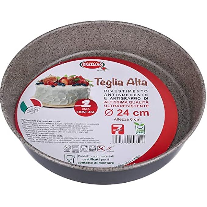 Round baking tin made entirely of aluminium and with 7 layers of nonstick coating and scratch resistant ideal for making Spain and many others PFOA free diameter 24 cm