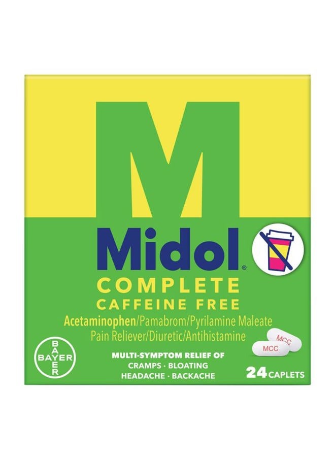 Midol Complete Caffeine Free Caplets 24ct: Midol Complete Caffeine Free Menstrual Pain Relief Caplets with Acetaminophen, Provides Headache Relief and Period Cramps Relief, 24 Count - Image 1