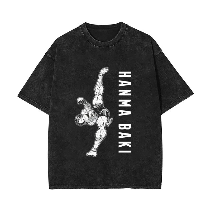 2024 New American Style Washed Vintage Cotton T-shirt Baki Hanma Anime Printed Washed Old Short Sleeve T-shirt 9 Vintage Cotton