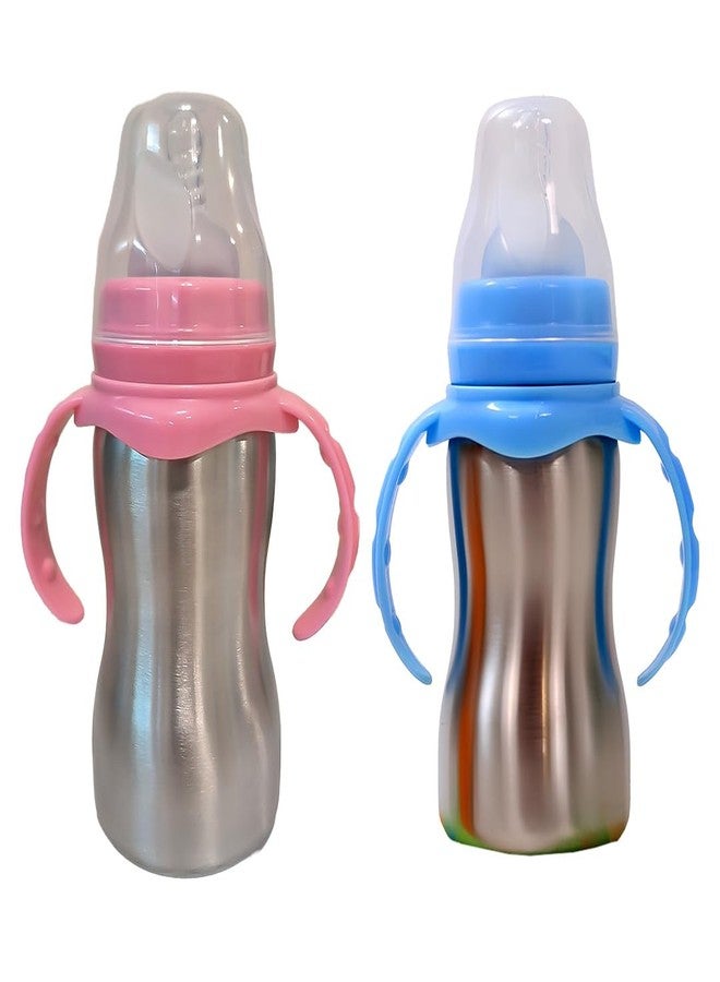 JOYFILLS 2 in 1 Baby Feeding Bottle in Stainless-Steel | Sipper cum Feeding Bottle | Silicone Nipple & Spout with Trainer Handle | Stainless Steel SUS 304 | BPA-Free, Food-Safe, Leak-Proof & Easy to Clean (PK -2, Multicolor) - Image 3