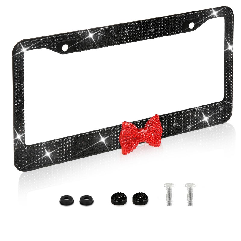LEIWOOR Bling License Plate FrameHandcrafted Bling Rhinestone Premium Stainless Steel License Plate Frame14 Facets Clear Color Rhinestone Crystal 1 Pack BlackRedBow - Image 3