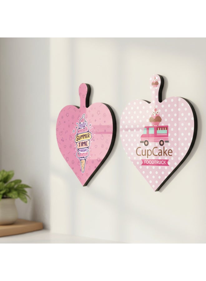 Set of 2 Polka Dot Pink Heart-Shaped Wooden Wall Art Panels – Glossy Printed MDF Kitchen & Home Décor - Image 1