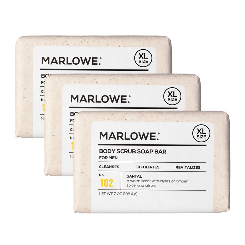MARLOWE No 102 Body Scrub Soap 7 oz 3 Bars Santal Exfoliating Soap Bar with Shea Butter Olive Oil  Green Tea Extracts Cleanses Smooths  Revitalizes Skin Warm Amber Spice  Citron Scent