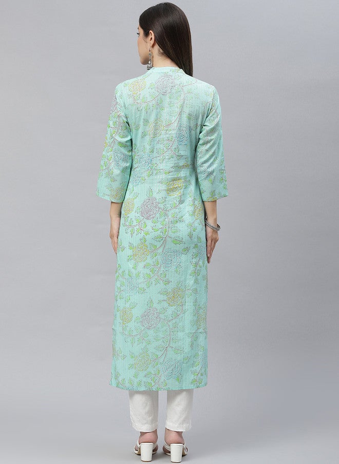 Indibelle Women Sea Green Floral Printed Pure Cotton Kurta with Trousers - Image 5
