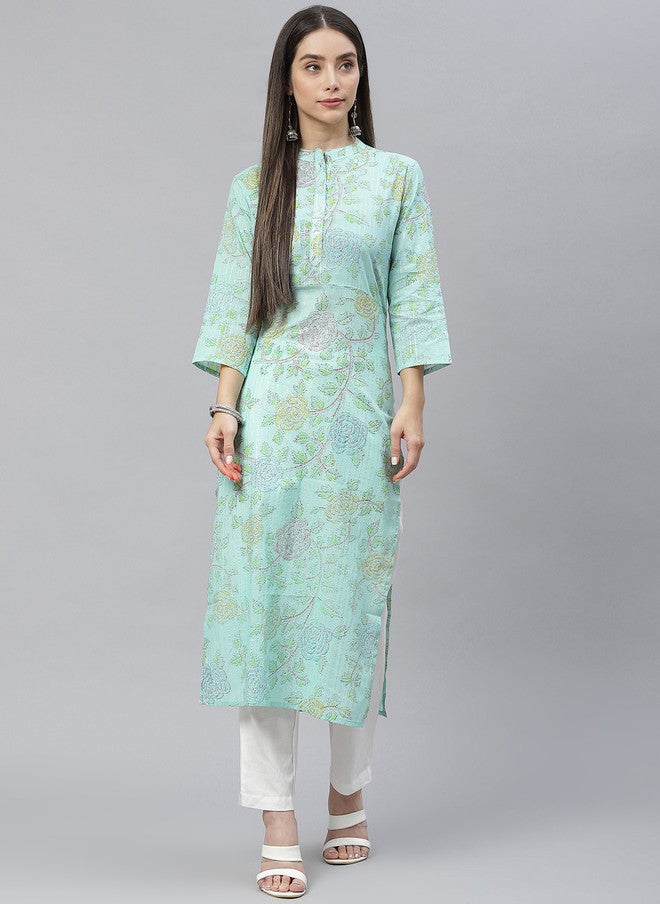 Indibelle Women Sea Green Floral Printed Pure Cotton Kurta with Trousers - Image 1
