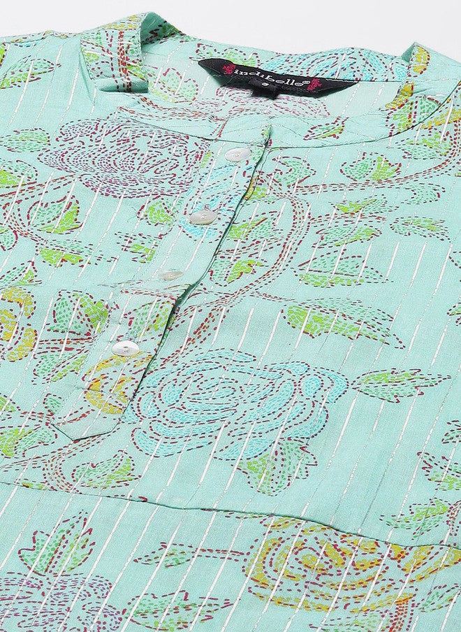 Indibelle Women Sea Green Floral Printed Pure Cotton Kurta with Trousers - Image 2