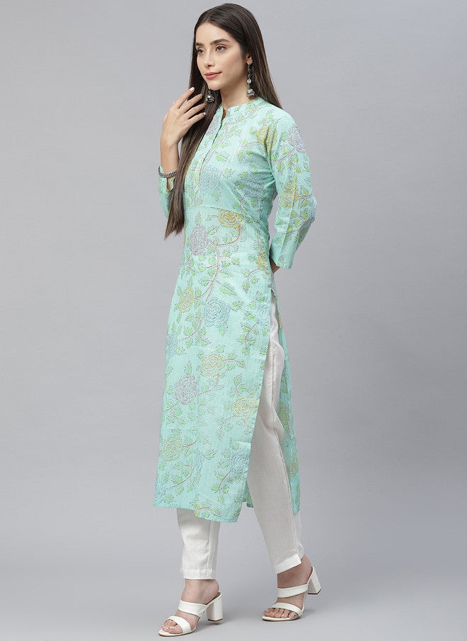 Indibelle Women Sea Green Floral Printed Pure Cotton Kurta with Trousers - Image 4