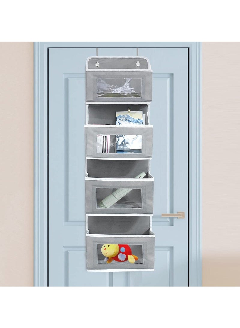 Y&D SYOSI 4 Pockets Over Door Storage Organiser, Fabric Foldable Hanging Organizer Bin Hanger with Clear Window for Pantry Baby Nursery Bathroom (Grey)  - Image 2