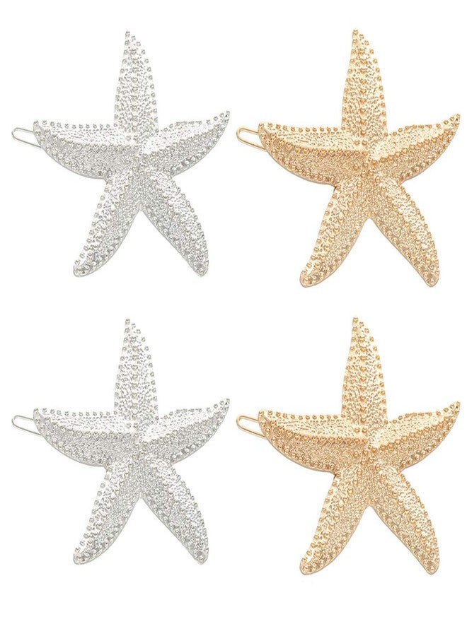 تينسيري 4 قطع من مشابك الشعر المعدنية الكبيرة على شكل نجم البحر، إكسسوارات شعر مزخرفة للنساء والفتيات لحفلات الزفاف (فضي وذهبي) - Image 1