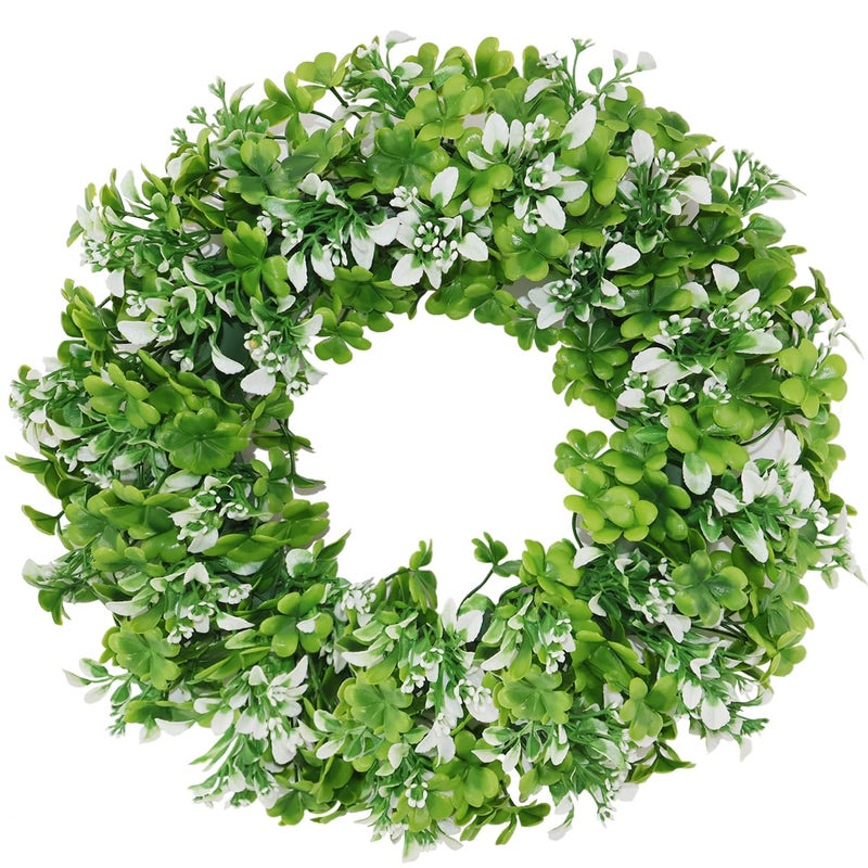 BINFEN Small Mini St Patricks Day Wreath 16â€ â€“ Green Shamrock Clover Wreaths for Front Door with White Flowers, Small St. Patrickâ€™s Day Spring Summer Door Decorations Indoor Outdoor - Image 1