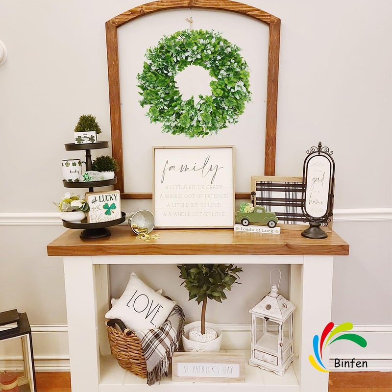 BINFEN Small Mini St Patricks Day Wreath 16â€ â€“ Green Shamrock Clover Wreaths for Front Door with White Flowers, Small St. Patrickâ€™s Day Spring Summer Door Decorations Indoor Outdoor - Image 4
