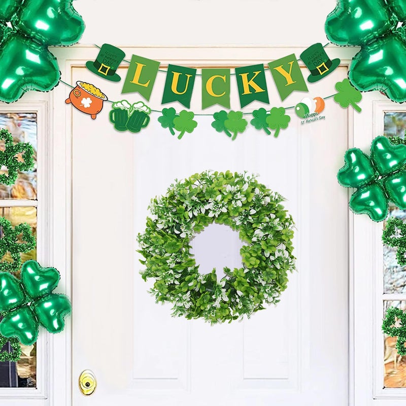 BINFEN Small Mini St Patricks Day Wreath 16â€ â€“ Green Shamrock Clover Wreaths for Front Door with White Flowers, Small St. Patrickâ€™s Day Spring Summer Door Decorations Indoor Outdoor - Image 2
