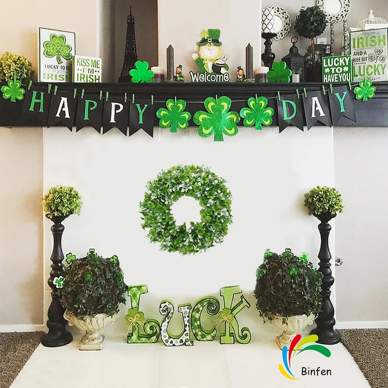 BINFEN Small Mini St Patricks Day Wreath 16â€ â€“ Green Shamrock Clover Wreaths for Front Door with White Flowers, Small St. Patrickâ€™s Day Spring Summer Door Decorations Indoor Outdoor - Image 5