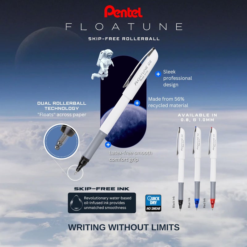 Pentel Floatune Rollerball Pen, (0.8mm), Medium Point, Black/Blue/Red Ink, Pack of 8 pens (BY108PF8OFC) - Image 5