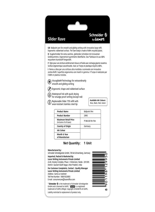 Luxor Schneider Slider Rave XB Ball Pen | Extra Bold| 4500 meters writing length| Plug+Play Refill| Ink Colour Black | German Technology - Image 2