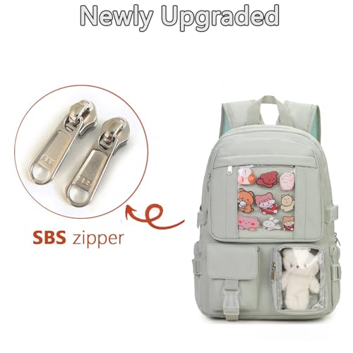 PRLINJSK Kawaii Backpack for Teen Girls, Cute Aesthetic High Middle School College Bookbag with Accessories, Green - Image 4