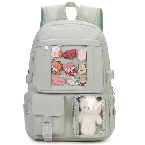 PRLINJSK Kawaii Backpack for Teen Girls, Cute Aesthetic High Middle School College Bookbag with Accessories, Green - Image 1