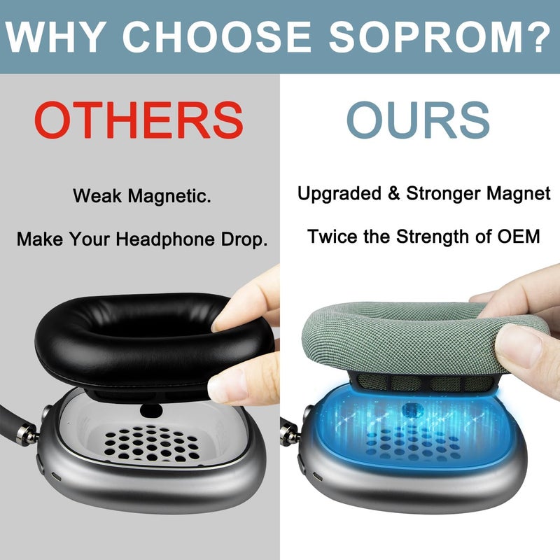 SOPROM Upgraded Ear Pads for AirPods Max 1 & 2 Over-Ear Headphones, Upgraded Earpads Replacement Cushions with Durable Mesh Fabric, Noise Isolation and Stronger Magnet - Green - Image 3
