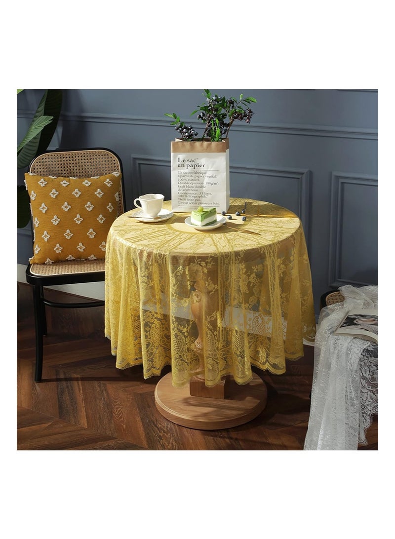 إزدنك مفرش طاولة من الدانتيل الأصفر مطرز بنقوش زهور أنيقة باللون الأصفر، غطاء دائري مناسب لحفلات الزفاف والمهرجانات والعشاء الطويل وديكور المنزل (دائري، قطر 150 سم، أصفر) - Image 4