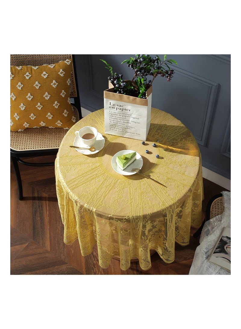 إزدنك مفرش طاولة من الدانتيل الأصفر مطرز بنقوش زهور أنيقة باللون الأصفر، غطاء دائري مناسب لحفلات الزفاف والمهرجانات والعشاء الطويل وديكور المنزل (دائري، قطر 150 سم، أصفر) - Image 3