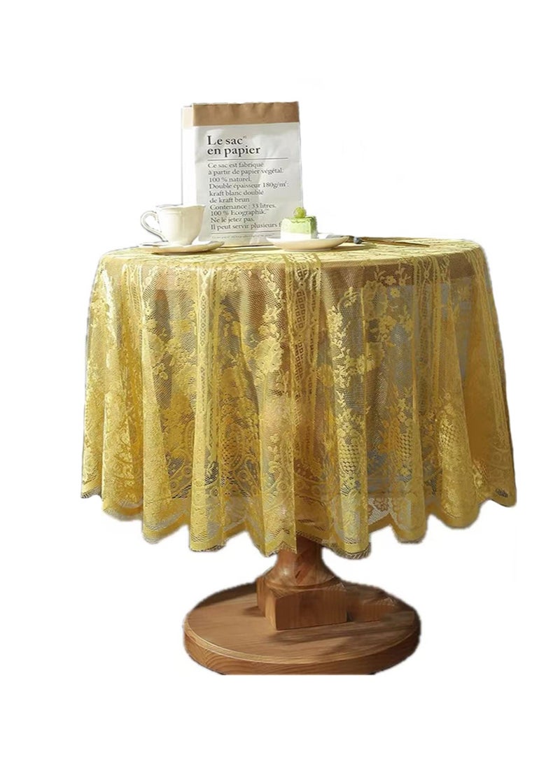 إزدنك مفرش طاولة من الدانتيل الأصفر مطرز بنقوش زهور أنيقة باللون الأصفر، غطاء دائري مناسب لحفلات الزفاف والمهرجانات والعشاء الطويل وديكور المنزل (دائري، قطر 150 سم، أصفر) - Image 1