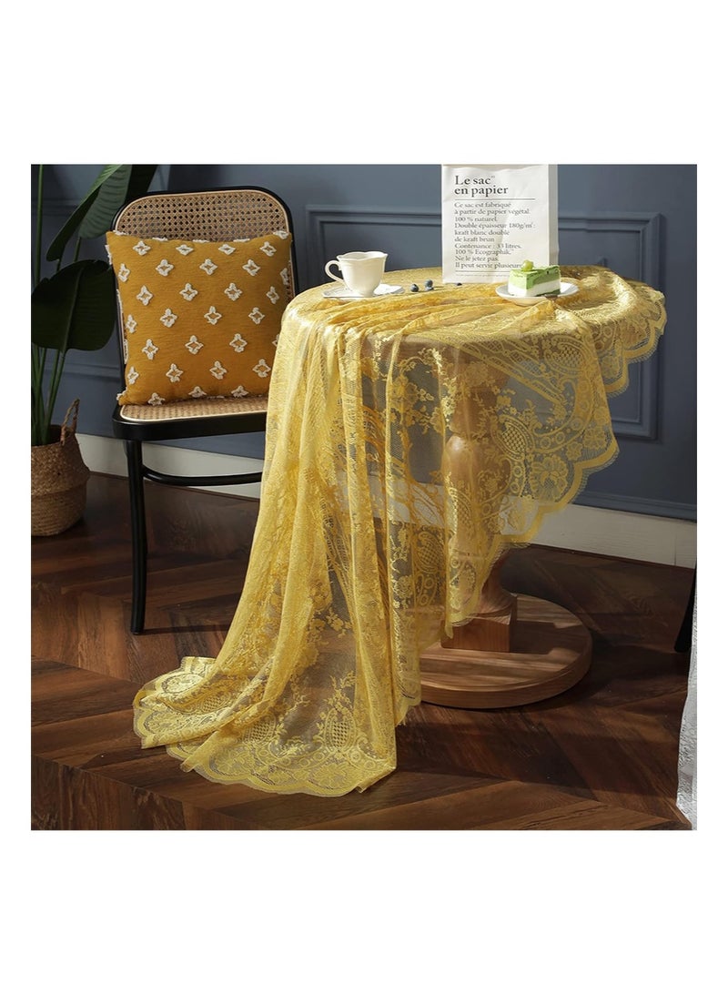 إزدنك مفرش طاولة من الدانتيل الأصفر مطرز بنقوش زهور أنيقة باللون الأصفر، غطاء دائري مناسب لحفلات الزفاف والمهرجانات والعشاء الطويل وديكور المنزل (دائري، قطر 150 سم، أصفر) - Image 2