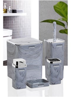 FREE HOME 5 Piece Square Marble Bathroom Set Trash Bin: 18X22.3x18 (5Lt) Toilet Brush: 10.5X33.5x10.5 Liquid Soap Dispenser: 15.5x6.8x6.8x8.5 Toothbrush Holder And Paste Holder: 13x6.8x6.8 Dry Soap Holder: 2.6X11.8X8.2 cm-Gray  - Image 1