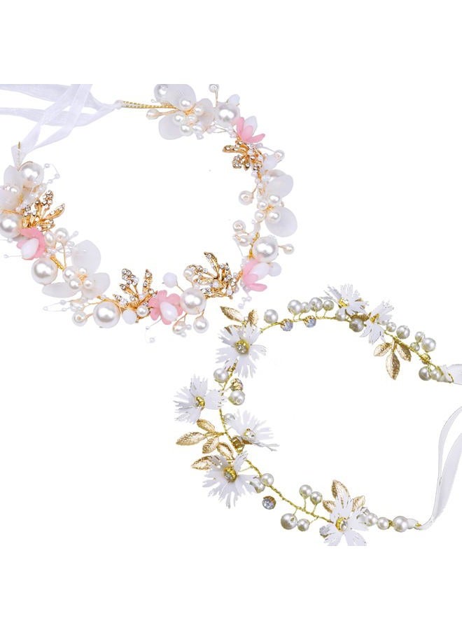 LAPOHI 2 Pieces Wedding Flower Headpieces, Pink Adjustable Hairband with Rhinestones, Pearl, Fairy Crown, Tiara for Girls, Women, Flower Girls, Bridesmaids - Image 1
