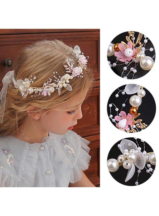 LAPOHI 2 Pieces Wedding Flower Headpieces, Pink Adjustable Hairband with Rhinestones, Pearl, Fairy Crown, Tiara for Girls, Women, Flower Girls, Bridesmaids - Image 2