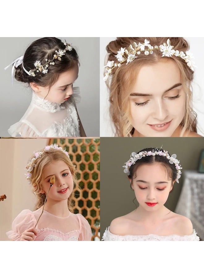 LAPOHI 2 Pieces Wedding Flower Headpieces, Pink Adjustable Hairband with Rhinestones, Pearl, Fairy Crown, Tiara for Girls, Women, Flower Girls, Bridesmaids - Image 4