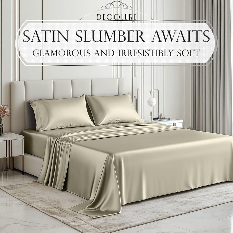 DECOLURE Satin Bed Sheets - 6 Piece Luxury Silky Full Size Bedding Set - Softer Than Silk, Wrinkle-Free with 15â€ Deep Pocket Fitted Sheet, Perfect for Hair & Skin, Gifts for Women (Taupe) - Image 2
