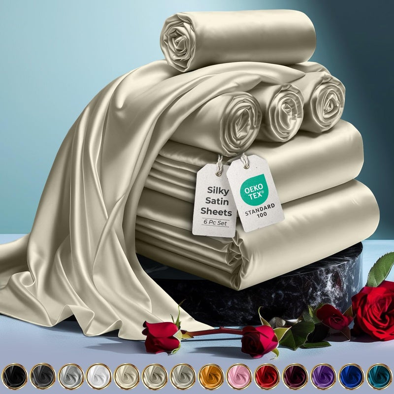 DECOLURE Satin Bed Sheets - 6 Piece Luxury Silky Full Size Bedding Set - Softer Than Silk, Wrinkle-Free with 15â€ Deep Pocket Fitted Sheet, Perfect for Hair & Skin, Gifts for Women (Taupe) - Image 1