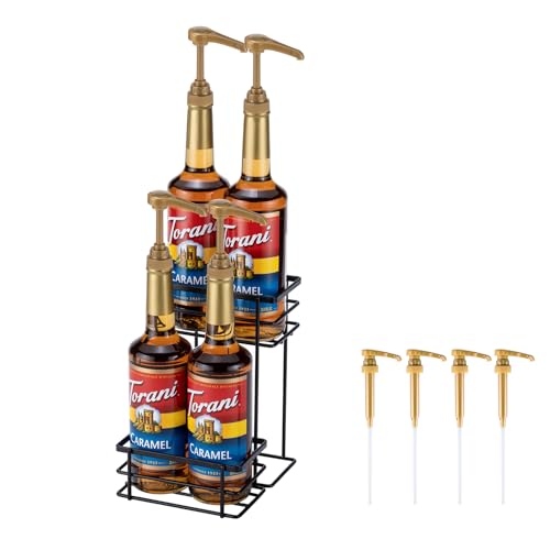 Rice rat Coffee Syrup Organizer, 4 Bottle Capacity Syrup Stand, 2 Tier Syrup Rack for Coffee Bar Accessories with 4 Coffee Syrup Pump, Syrup Holder for Kitchen, Storage for Syrup, Wine, Dressing（Black） - Image 1