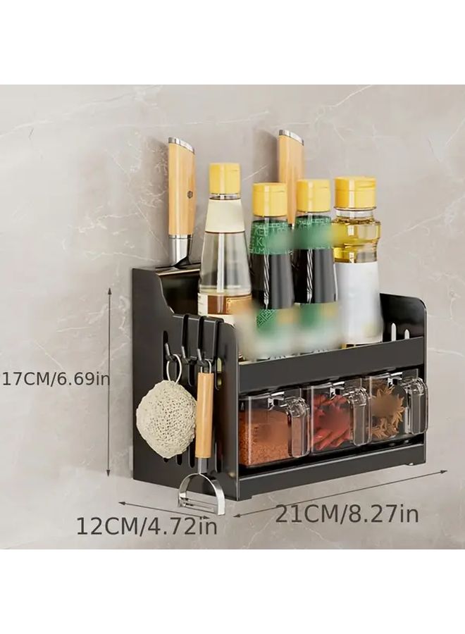 Black Carbon Steel Kitchen Seasoning Rack Wall Mount Countertop Spice Organizer with Storage Hooks - Image 3