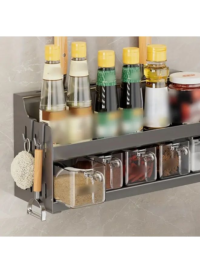 Black Carbon Steel Kitchen Seasoning Rack Wall Mount Countertop Spice Organizer with Storage Hooks - Image 5
