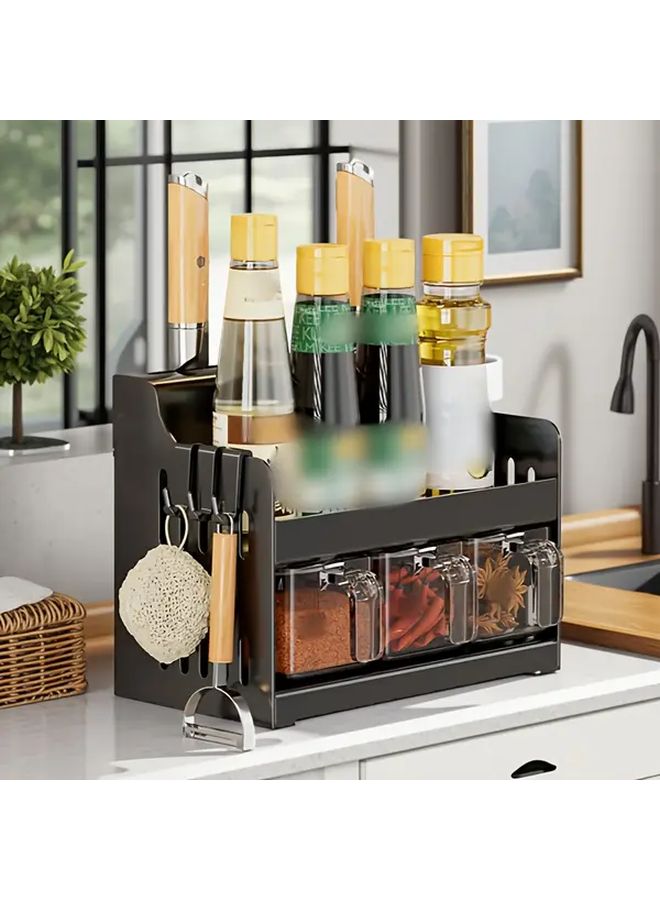 Black Carbon Steel Kitchen Seasoning Rack Wall Mount Countertop Spice Organizer with Storage Hooks - Image 1