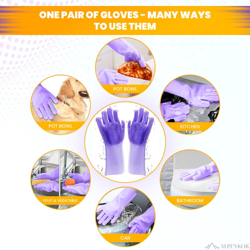 Alpenkok 1 Pair Dish Gloves For Women - Dishwasher-Safe Purple Silicone Dishwashing Gloves With Scrubber  Tear-Resistant With Bristles For Kitchen & Household Tasks - Image 5