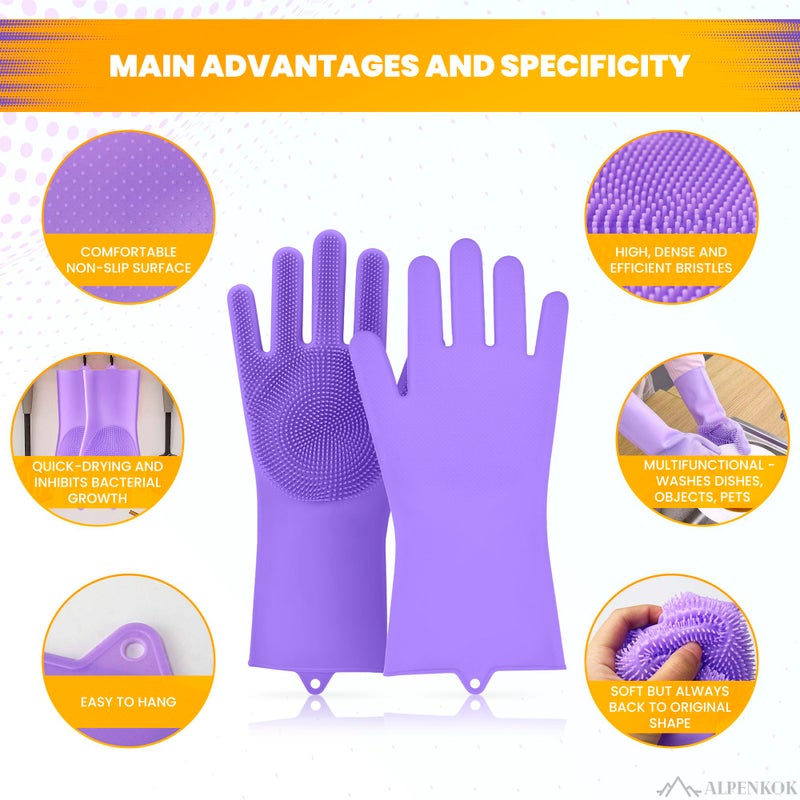 Alpenkok 1 Pair Dish Gloves For Women - Dishwasher-Safe Purple Silicone Dishwashing Gloves With Scrubber  Tear-Resistant With Bristles For Kitchen & Household Tasks - Image 4