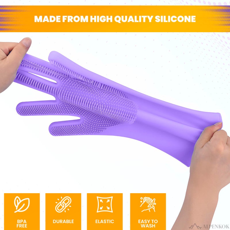 Alpenkok 1 Pair Dish Gloves For Women - Dishwasher-Safe Purple Silicone Dishwashing Gloves With Scrubber  Tear-Resistant With Bristles For Kitchen & Household Tasks - Image 3
