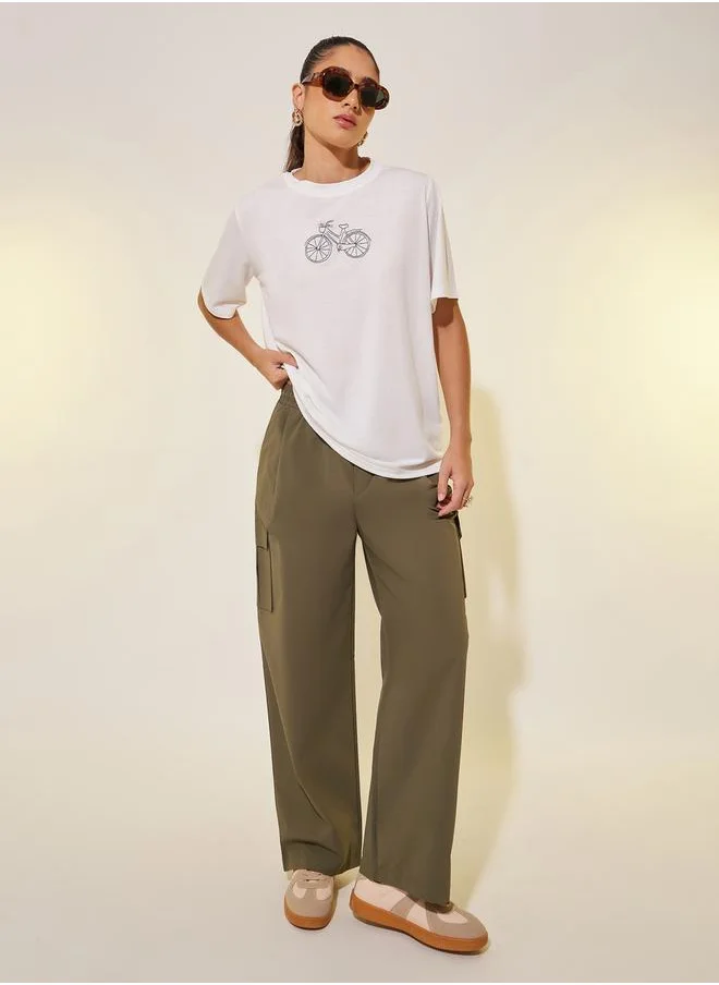 Styli Embroidered Round Neck Short Sleeves T-Shirt