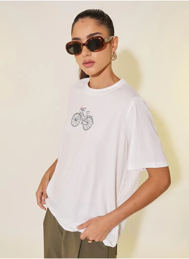 Styli Embroidered Round Neck Short Sleeves T-Shirt